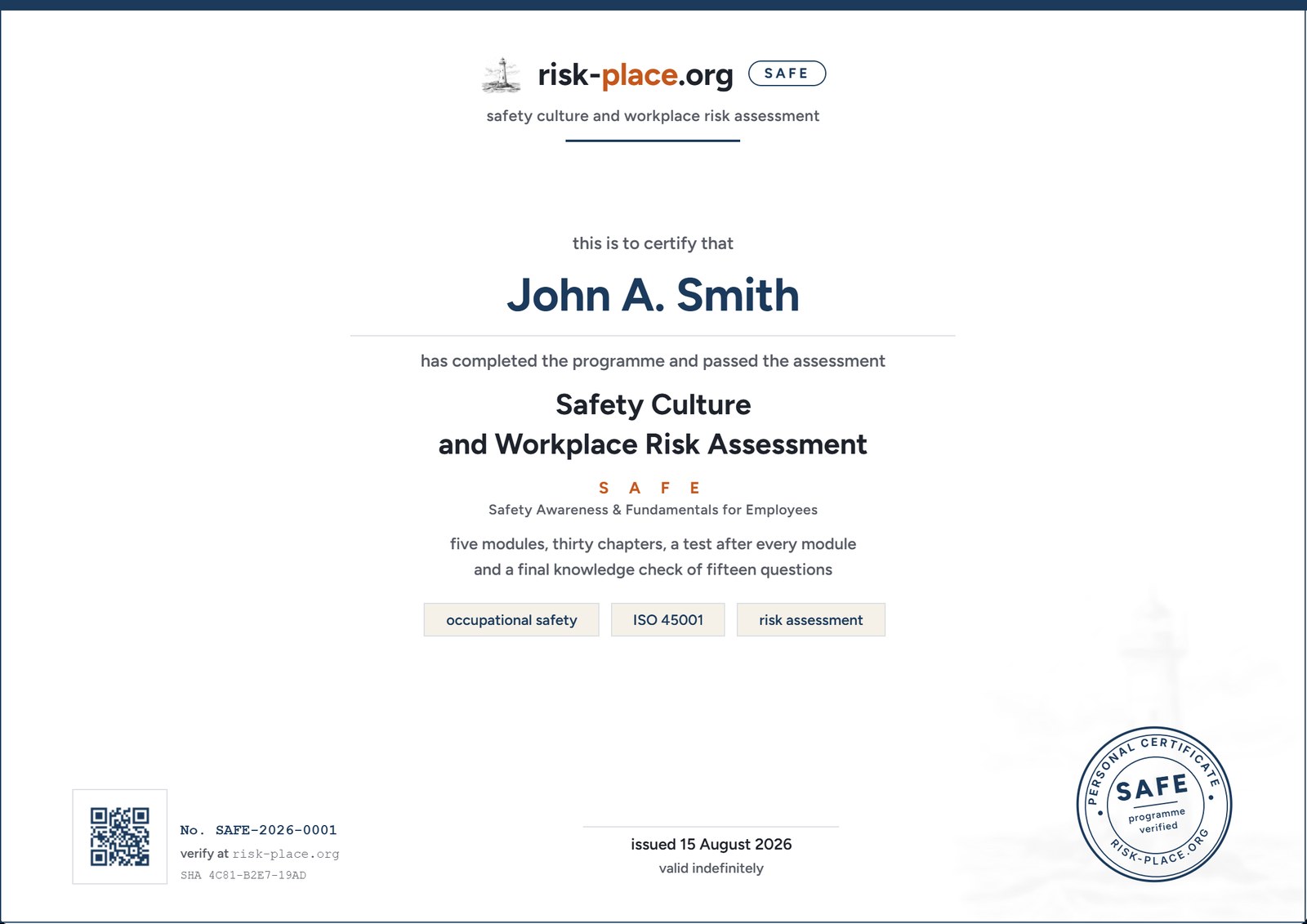 SAFE certificate, English