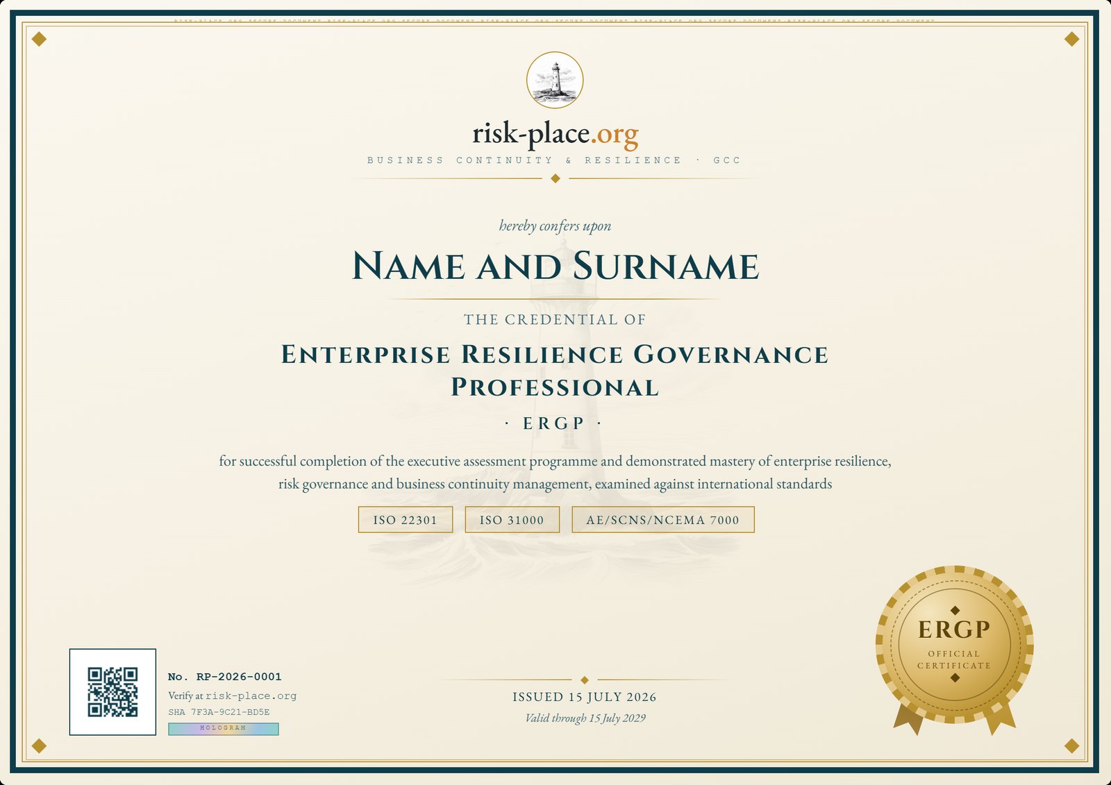 ERGP certificate sample — Executive Certificate in Enterprise Resilience Governance